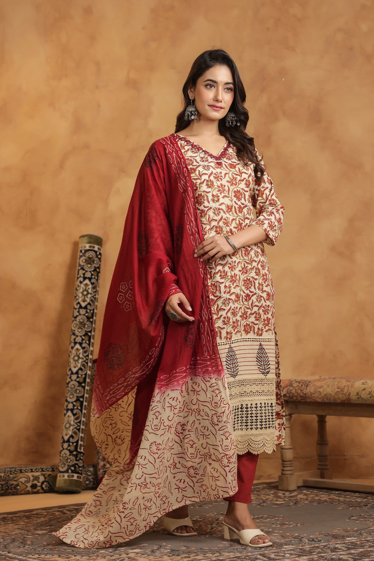 Pure cotton bagru print with lace detailing suit set