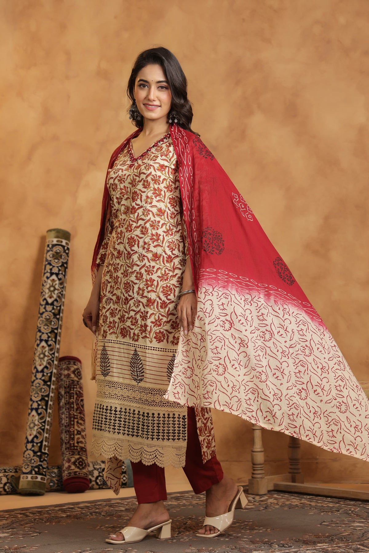 Pure cotton bagru print with lace detailing suit set