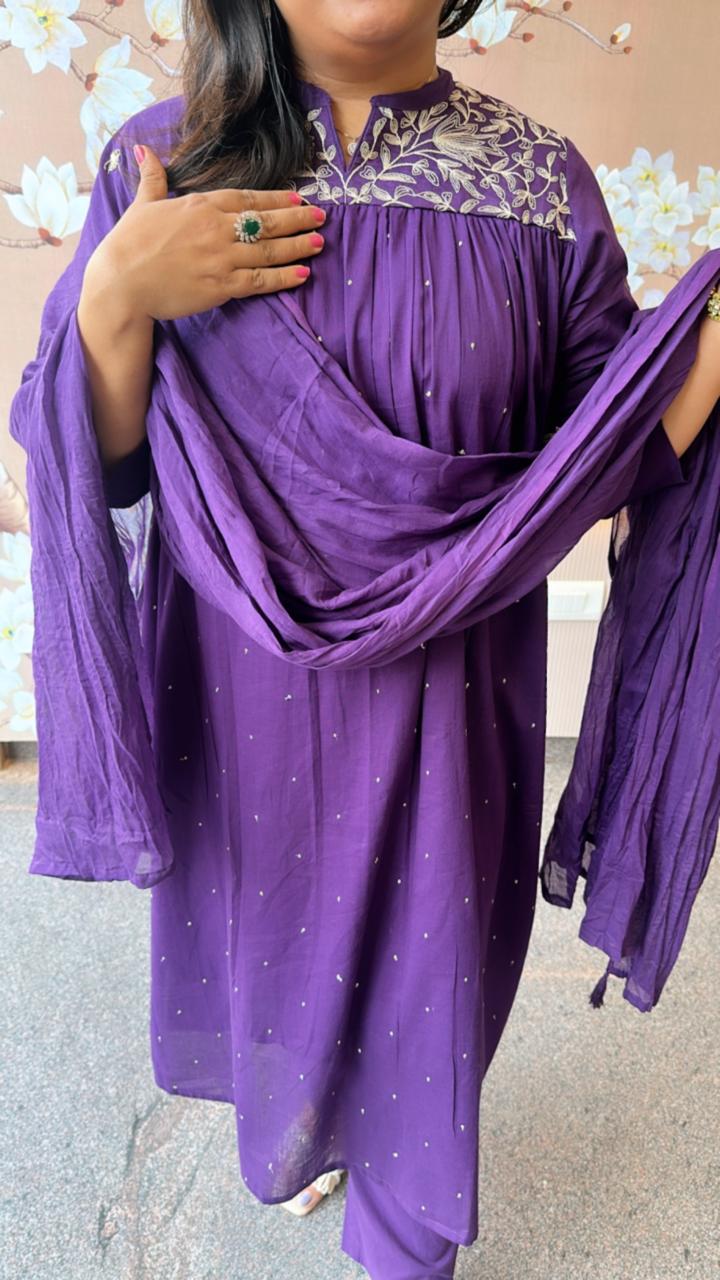 Best selling is restocked on high demand ! Pure cotton embroidered suit set in purple