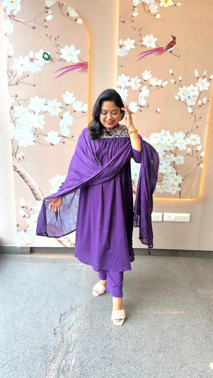 Best selling is restocked on high demand ! Pure cotton embroidered suit set in purple