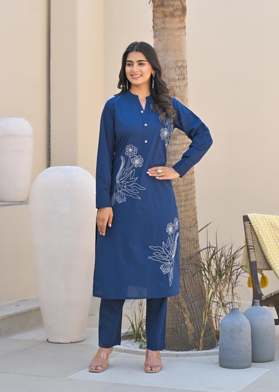 Smart embroidered cotton kurta pant