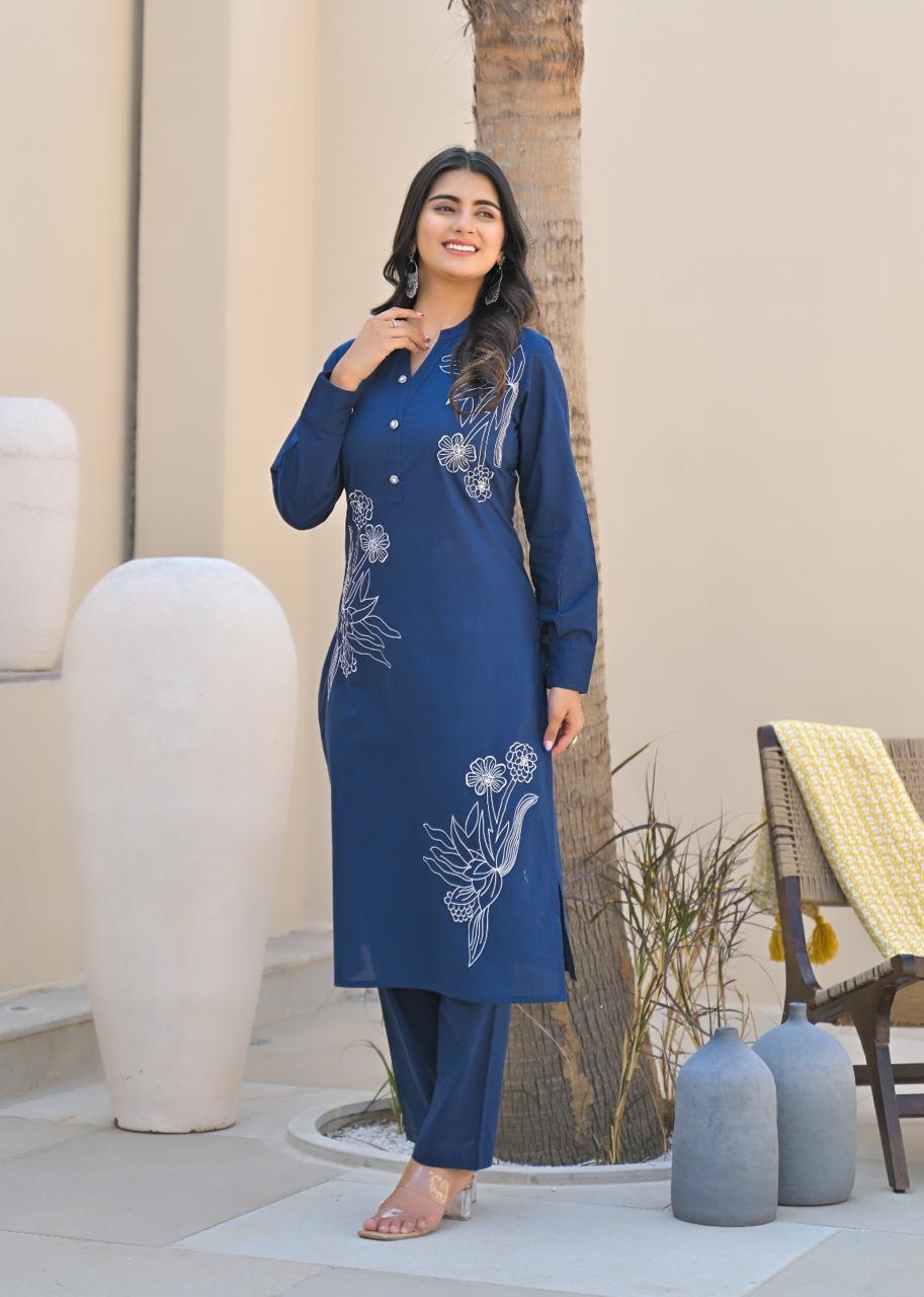 Smart embroidered cotton kurta pant
