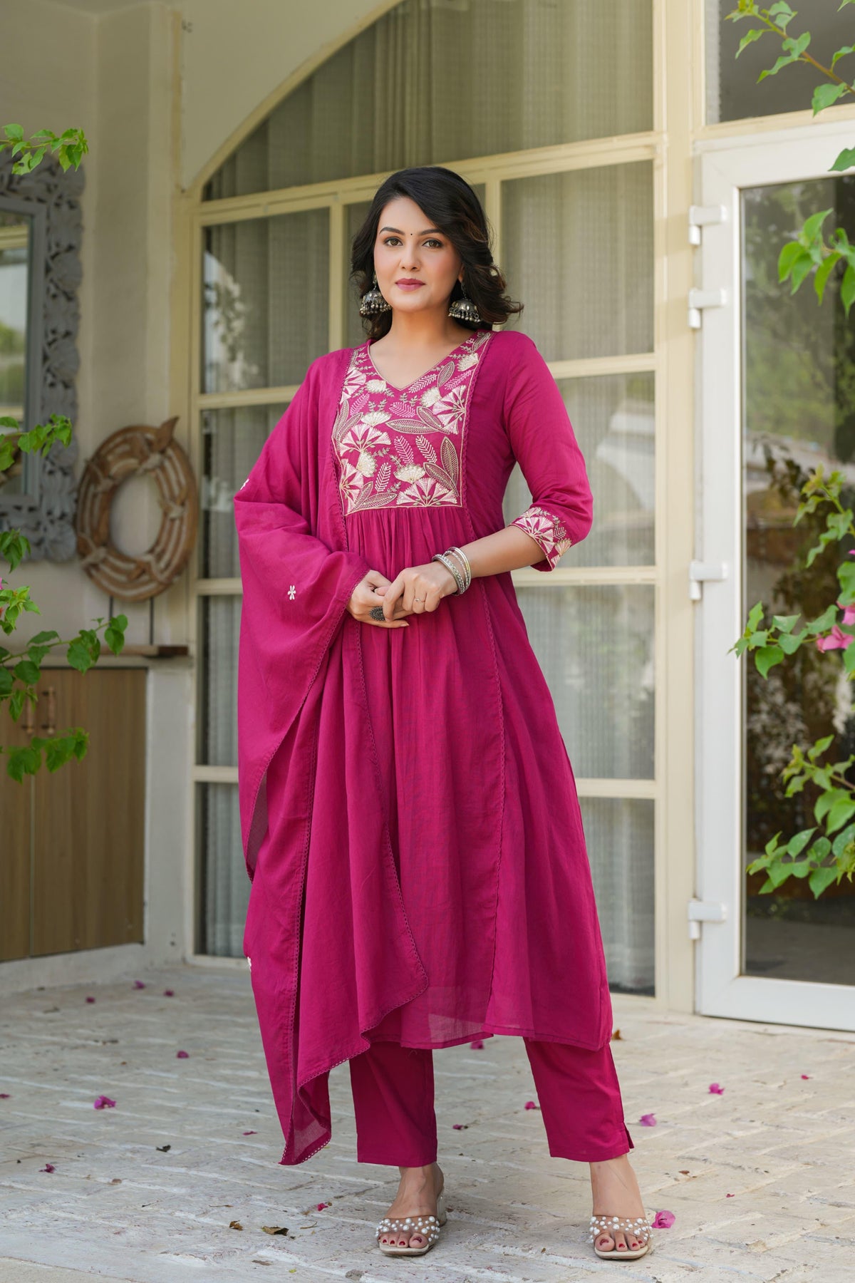 Pure Mul cotton lining embroidered suit set in pink