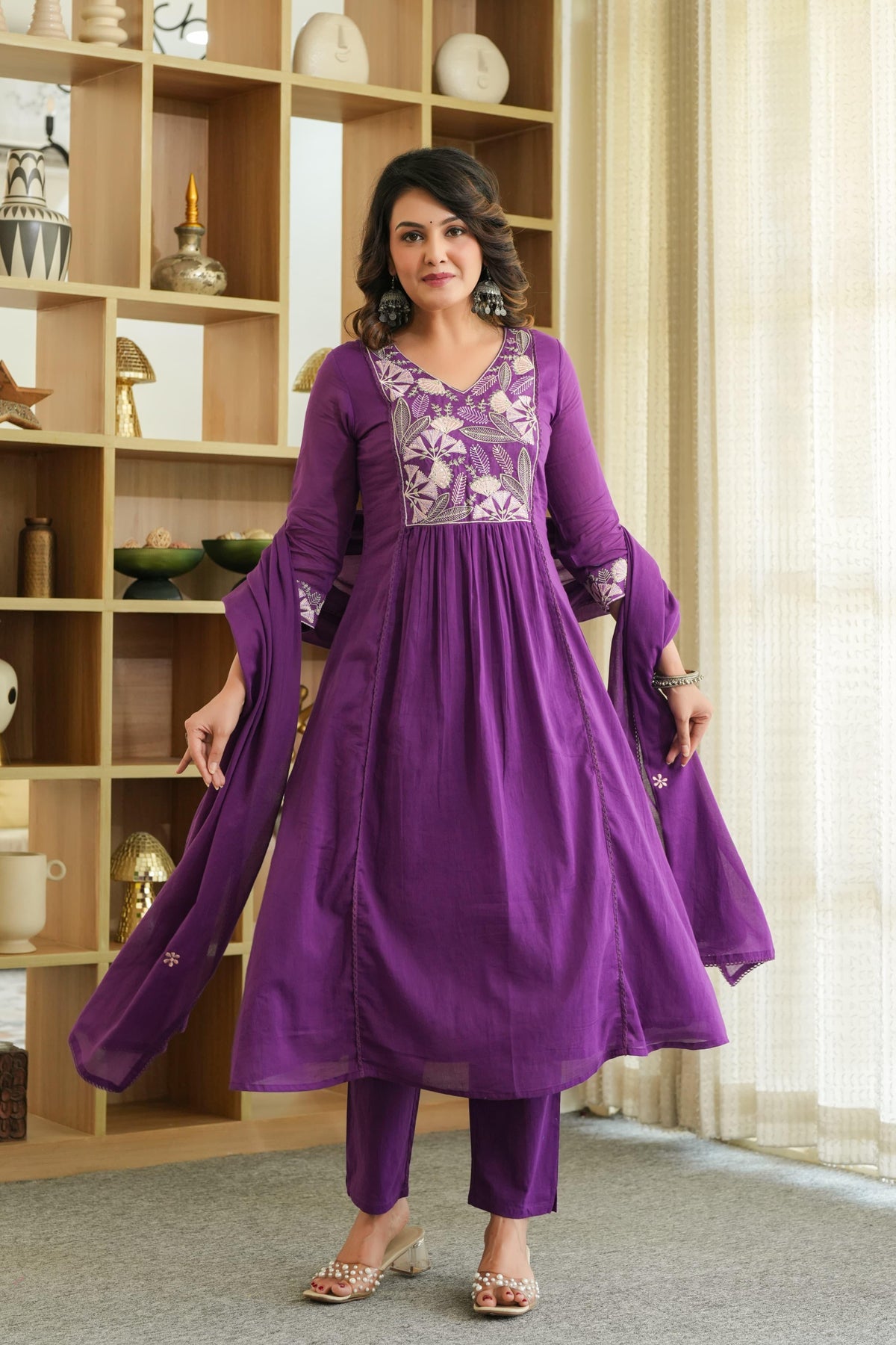 Pure Mul cotton lining embroidered suit set in purple
