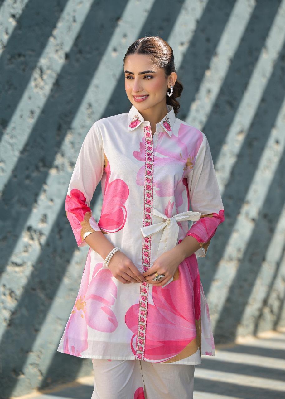 Smart cotton digital printed co ord set in pink