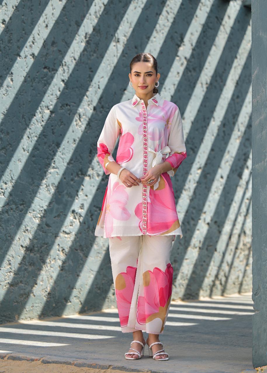 Smart cotton digital printed co ord set in pink
