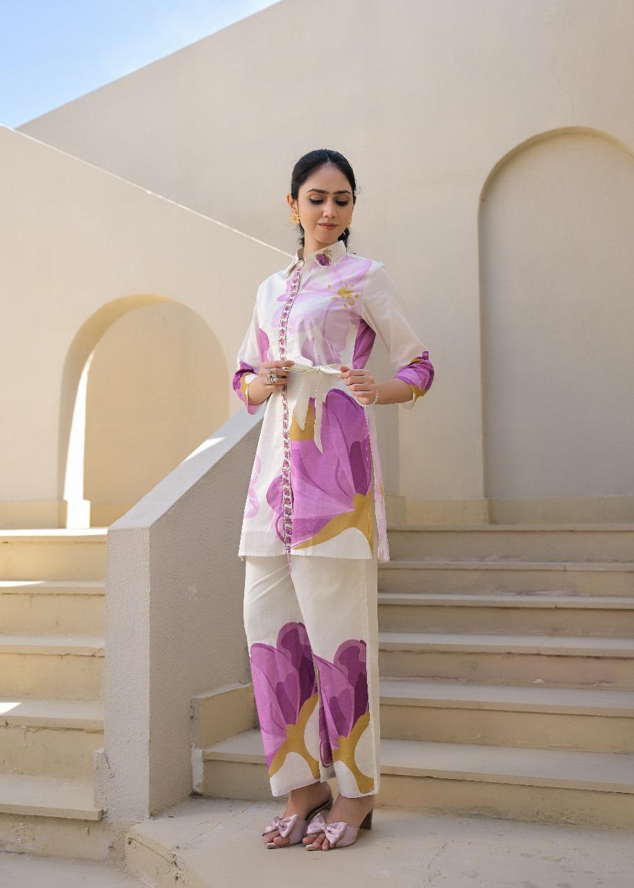 Smart cotton digital printed co ord set in purple