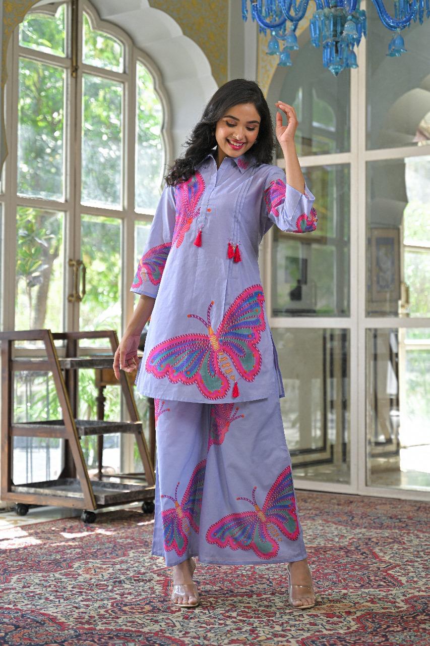 Smart cotton butterfly digital printed co ord set in blue
