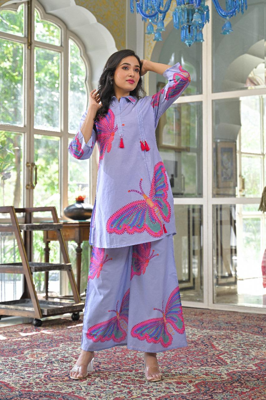 Smart cotton butterfly digital printed co ord set in blue