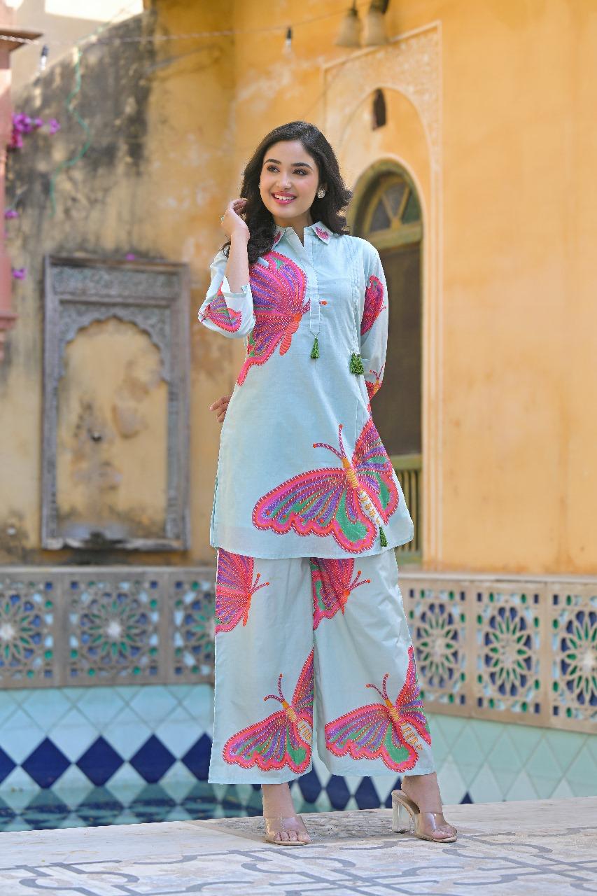 Smart cotton butterfly digital printed co ord set in green