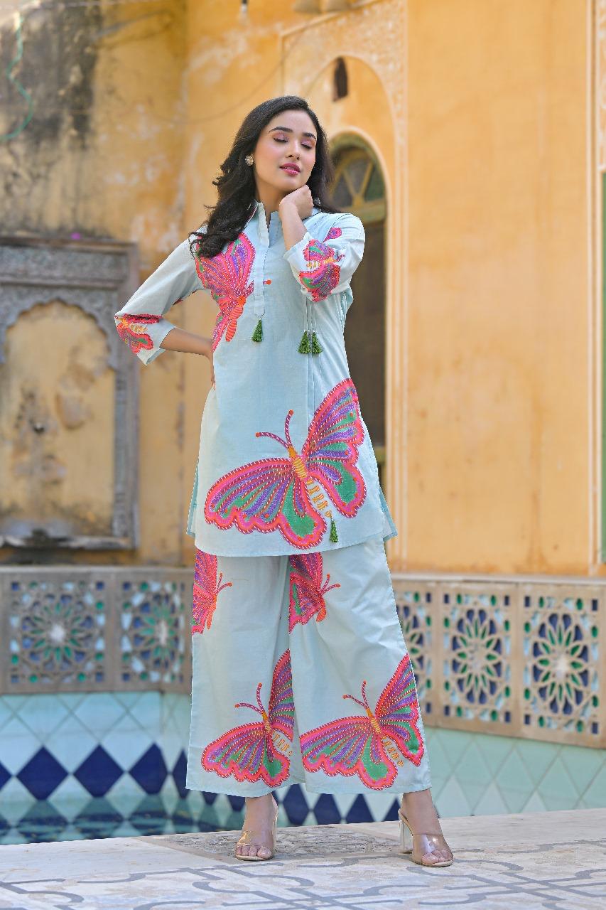 Smart cotton butterfly digital printed co ord set in green
