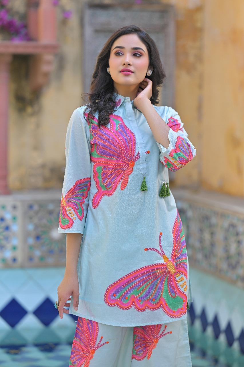 Smart cotton butterfly digital printed co ord set in green