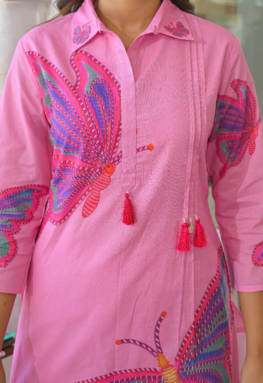 Smart cotton butterfly digital printed co ord set in pink