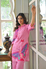 Smart cotton butterfly digital printed co ord set in pink