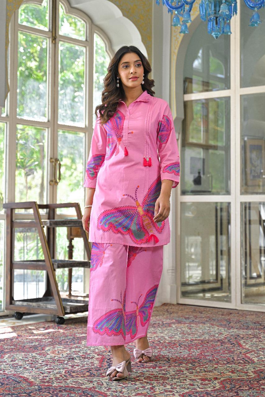 Smart cotton butterfly digital printed co ord set in pink