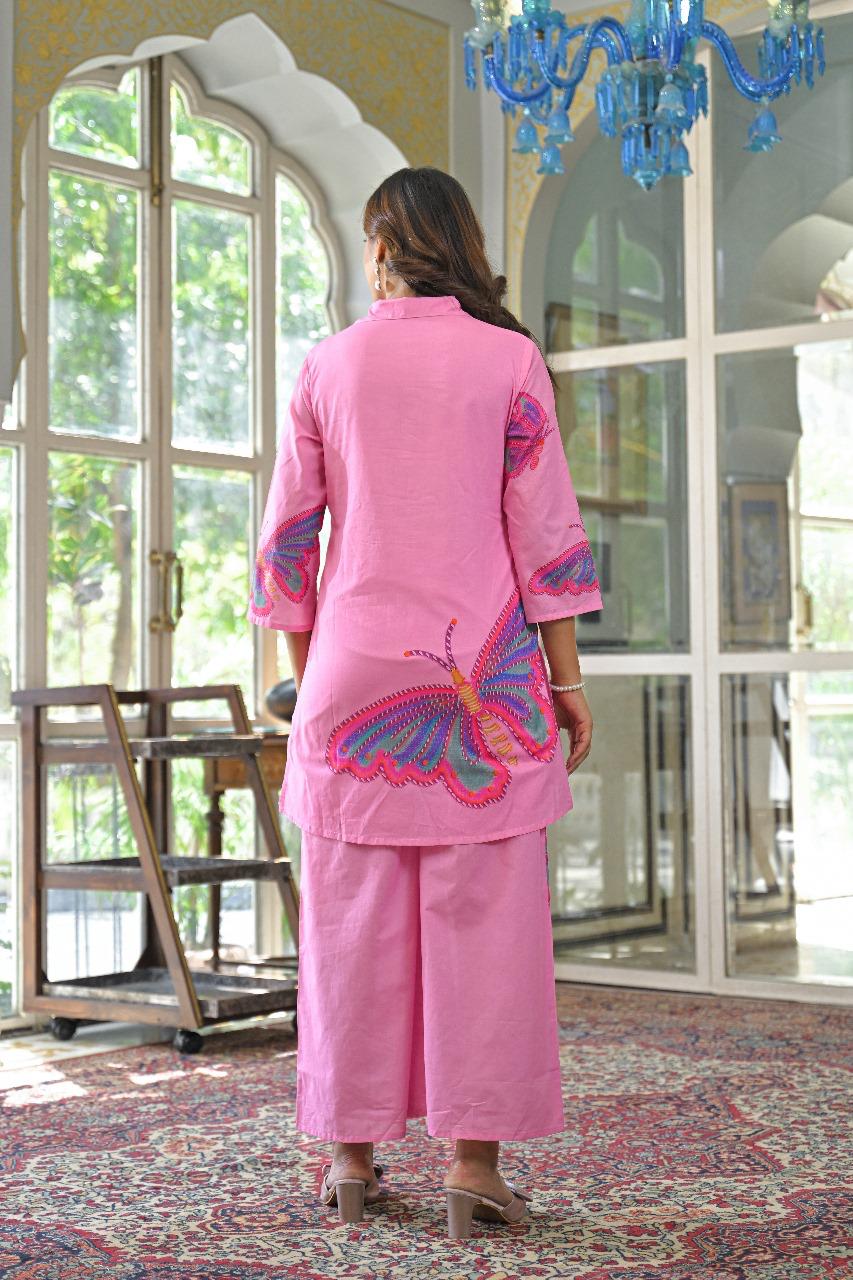 Smart cotton butterfly digital printed co ord set in pink