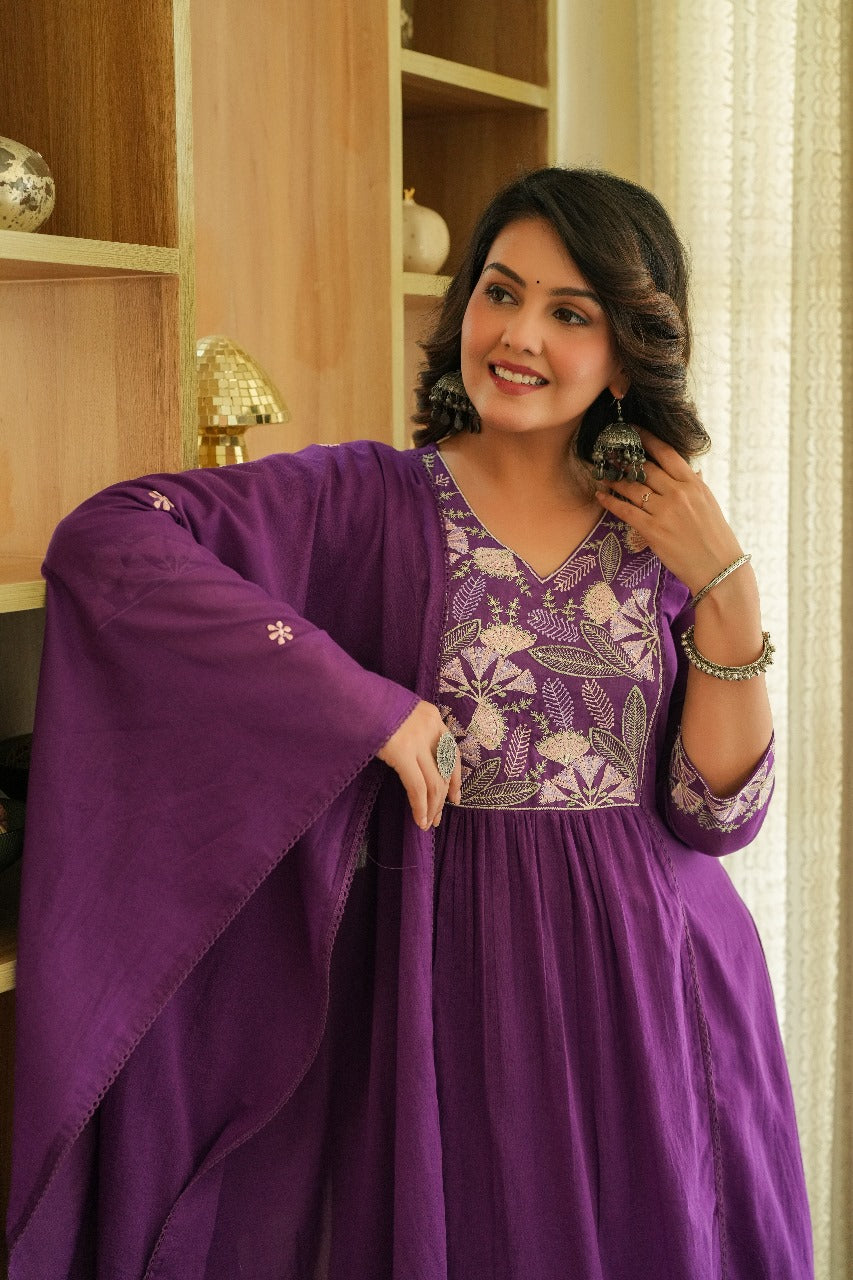 Pure Mul cotton lining embroidered suit set in purple