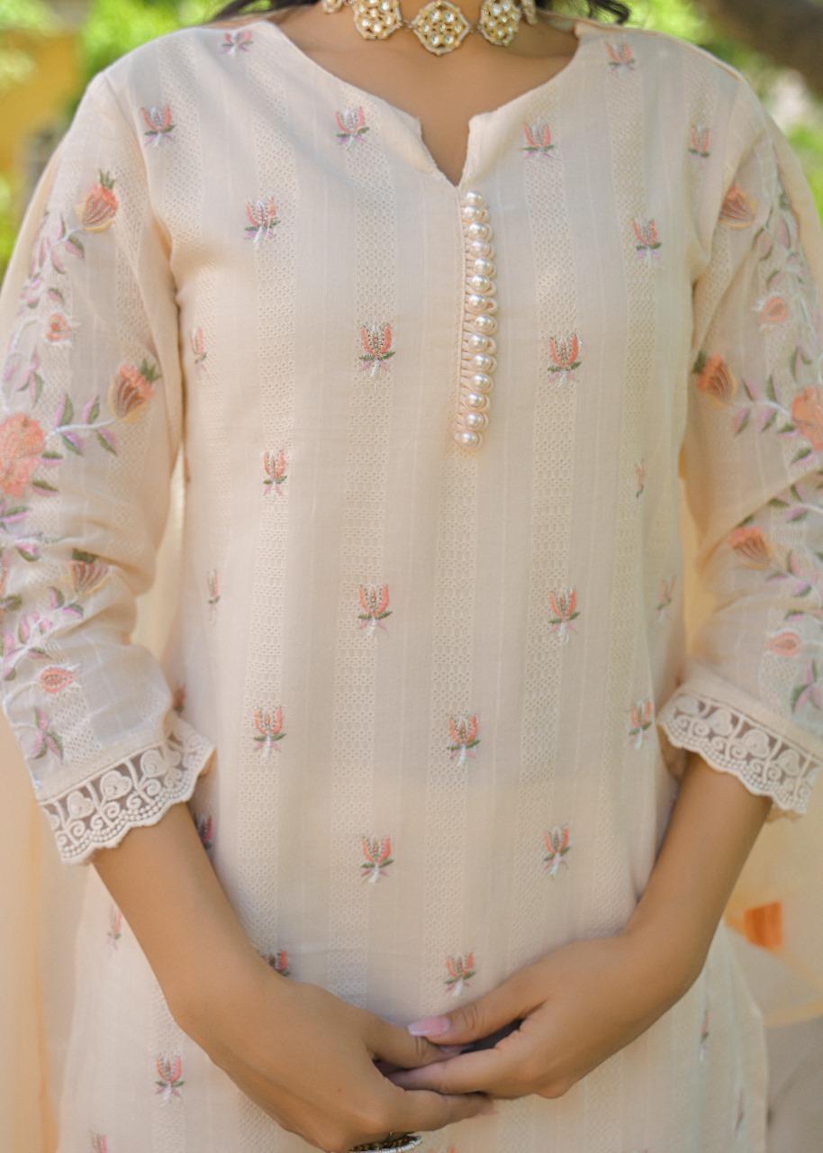 Gorgeous almond colour embroidered suit set