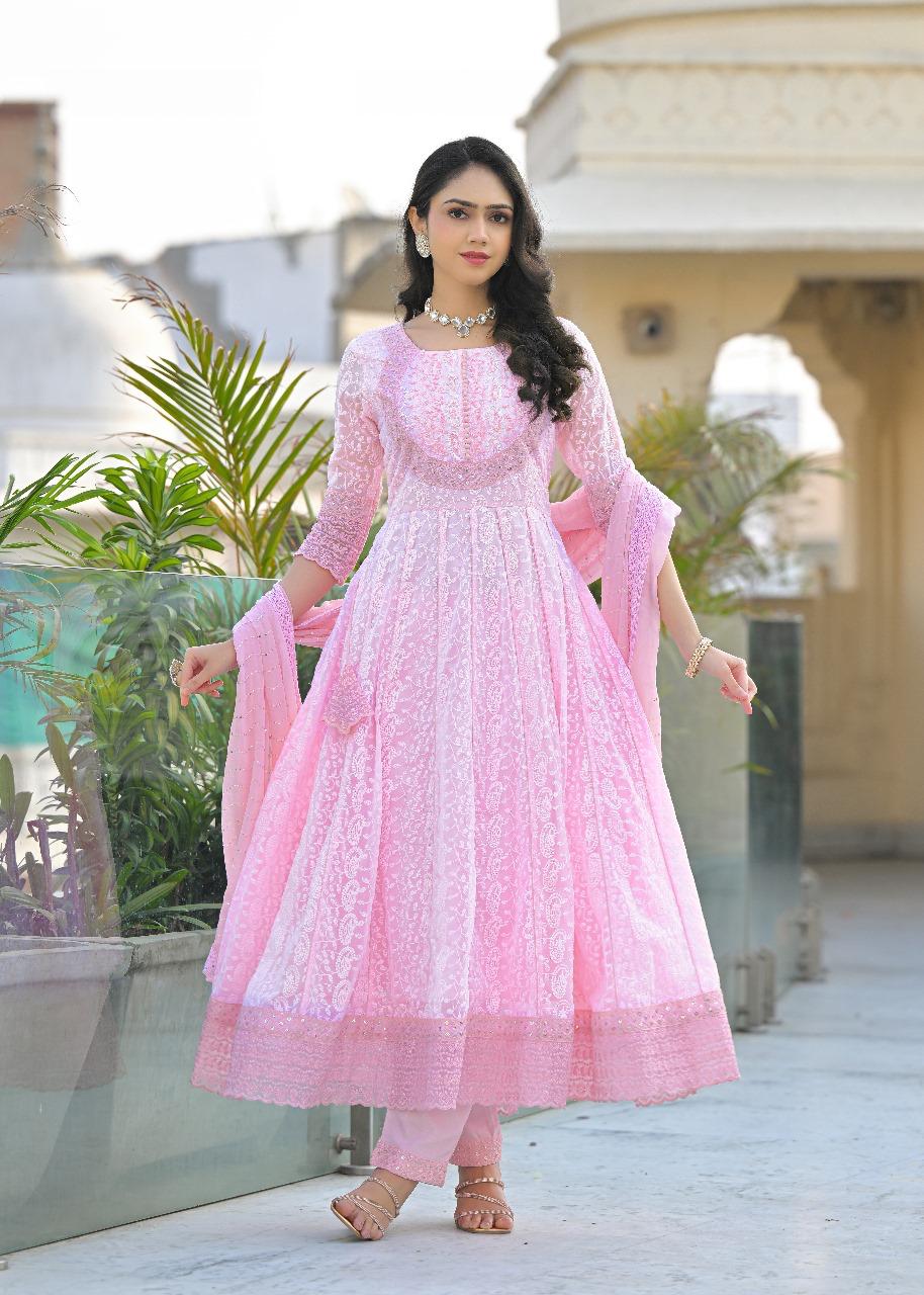 Pretty georgette fully embroidered lining Anarkali suit comfort fit