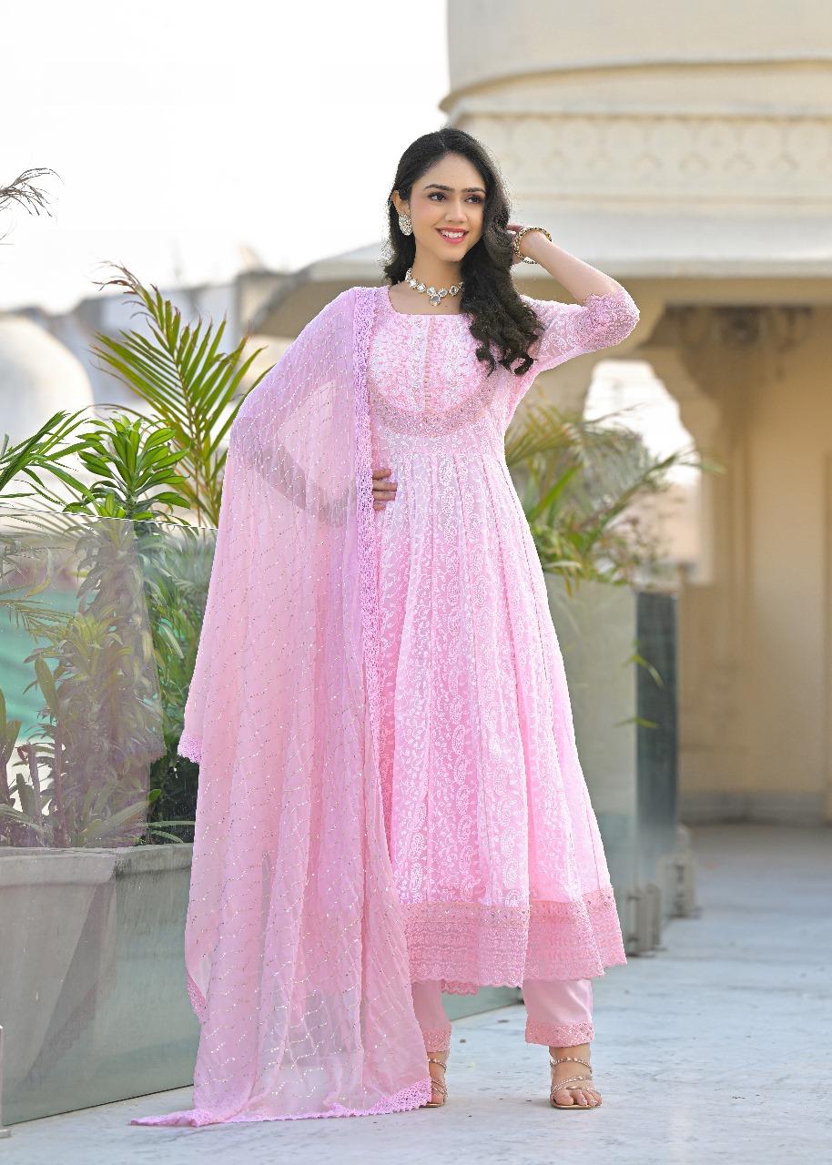 Pretty georgette fully embroidered lining Anarkali suit comfort fit