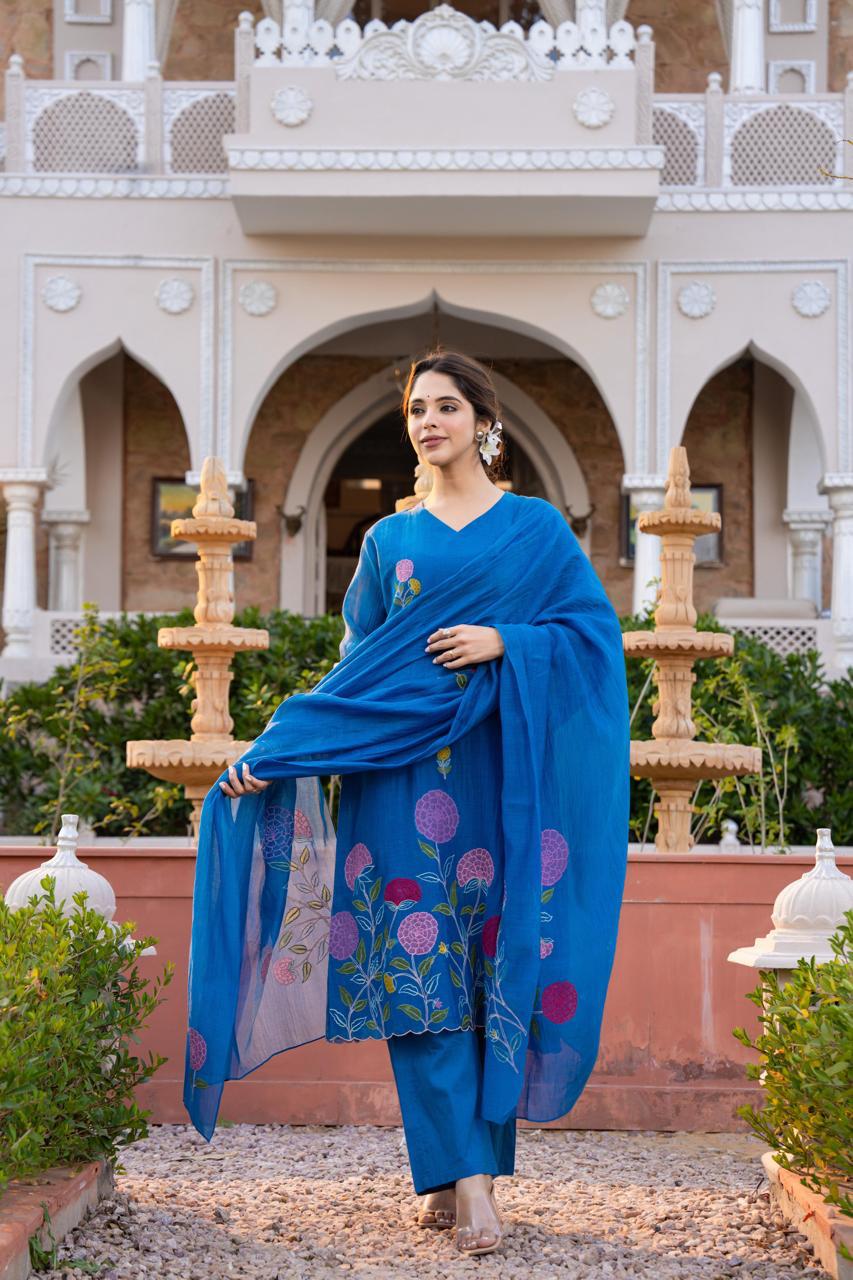 Super pretty embroidered Mul Chanderi in blue