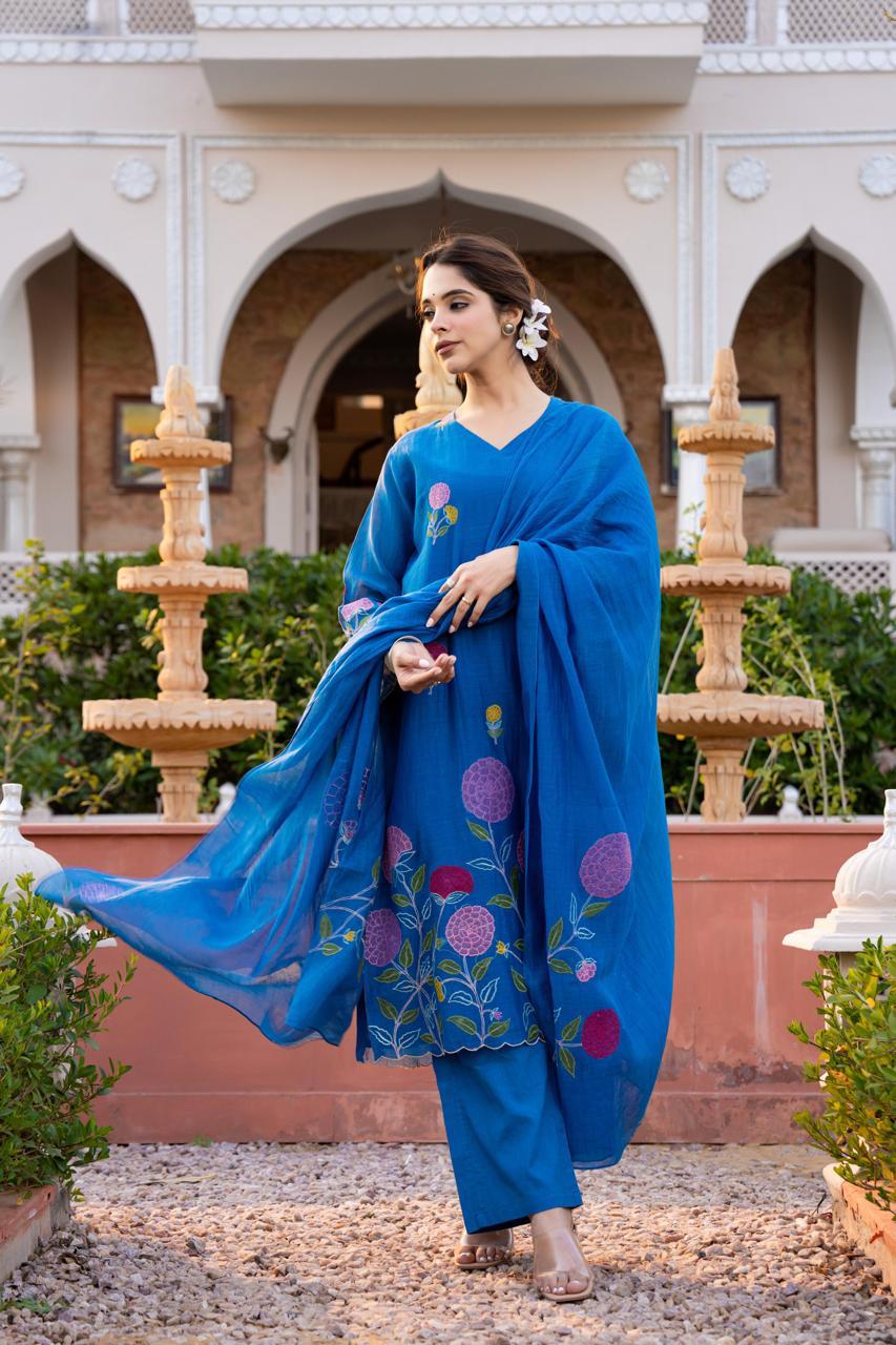 Super pretty embroidered Mul Chanderi in blue