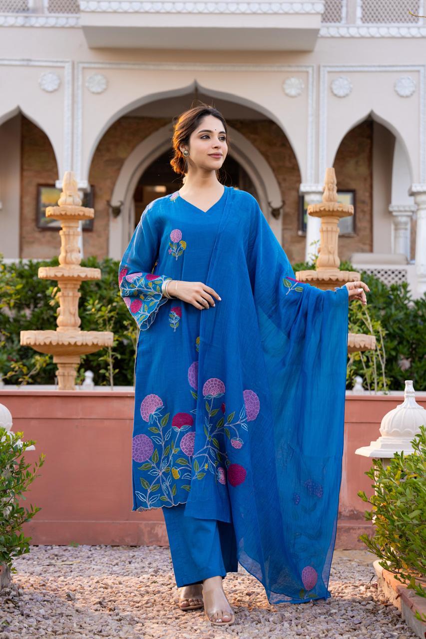 Super pretty embroidered Mul Chanderi in blue