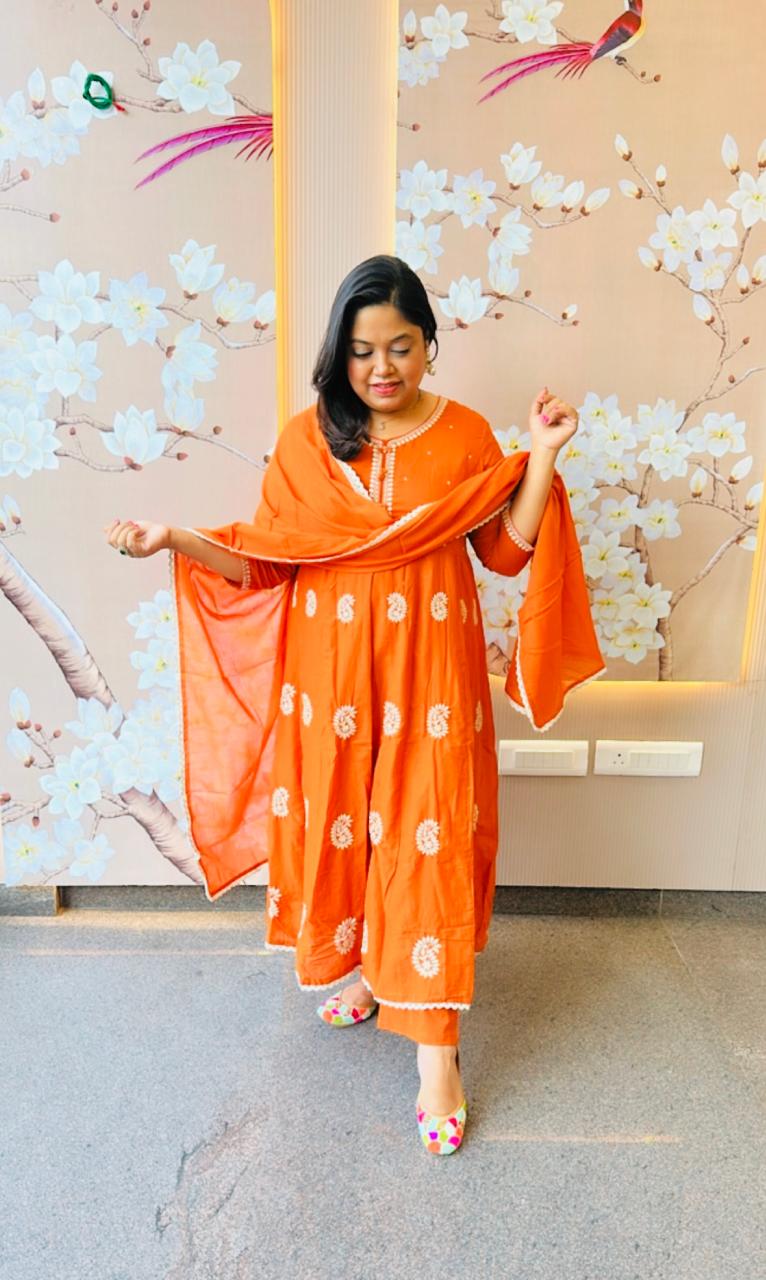 Premium cotton embroidered lining anarkali suit setin rust