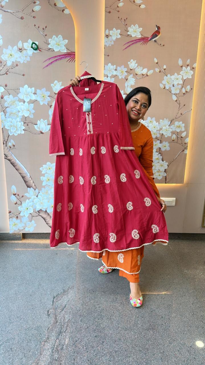 Premium cotton embroidered lining anarkali suit setin red