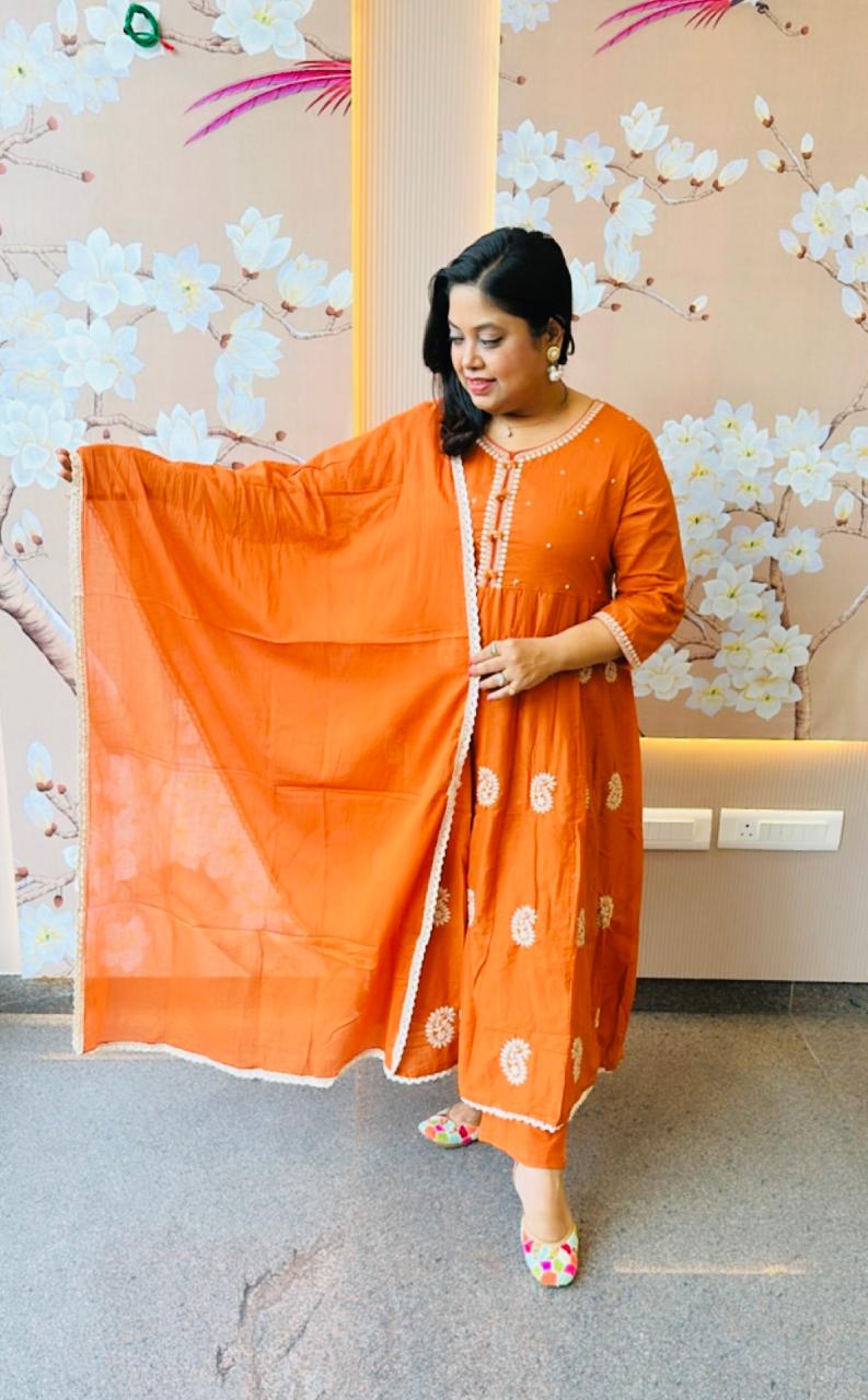 Premium cotton embroidered lining anarkali suit setin rust