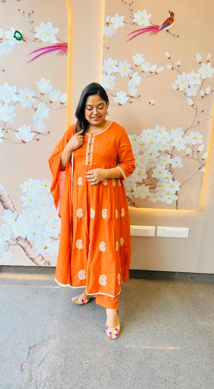 Premium cotton embroidered lining anarkali suit setin rust