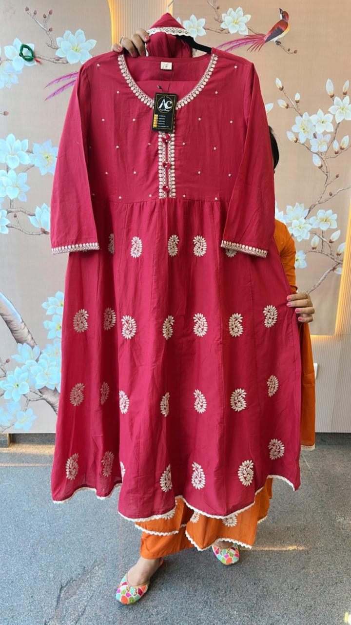 Premium cotton embroidered lining anarkali suit setin red
