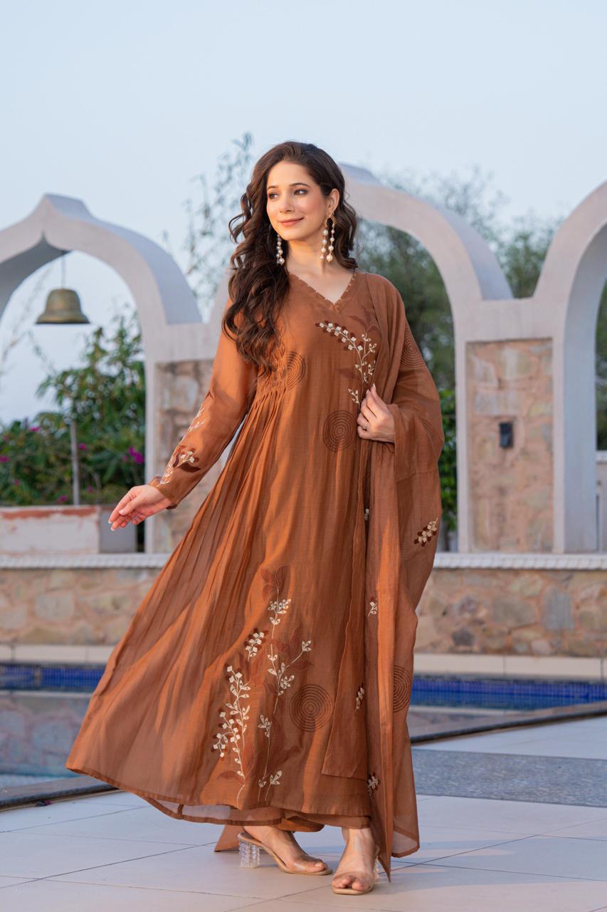 Super pretty embroidered Mul Chanderi in brown