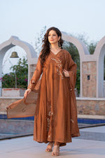 Super pretty embroidered Mul Chanderi in brown