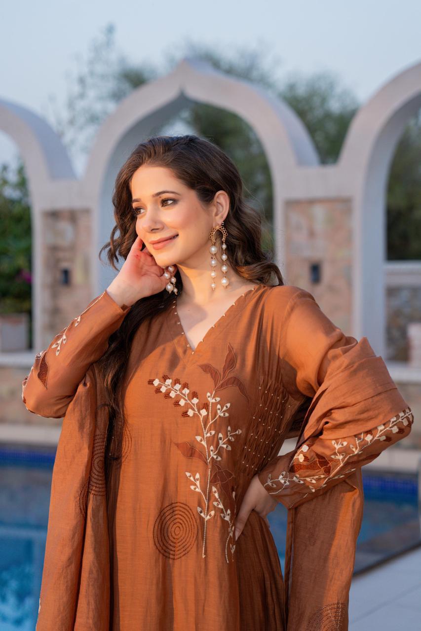 Super pretty embroidered Mul Chanderi in brown