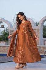 Super pretty embroidered Mul Chanderi in brown