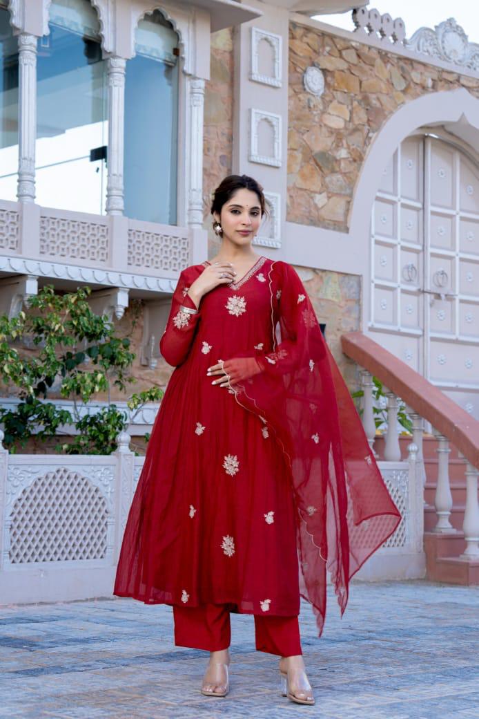 Smart n pretty Mul Chanderi full suit set in red