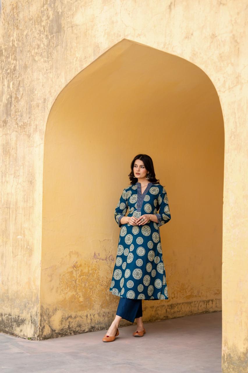 V neck cotton mandala art inspired kurta pant