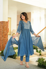 Pure Mul cotton lining embroidered suit set in blue