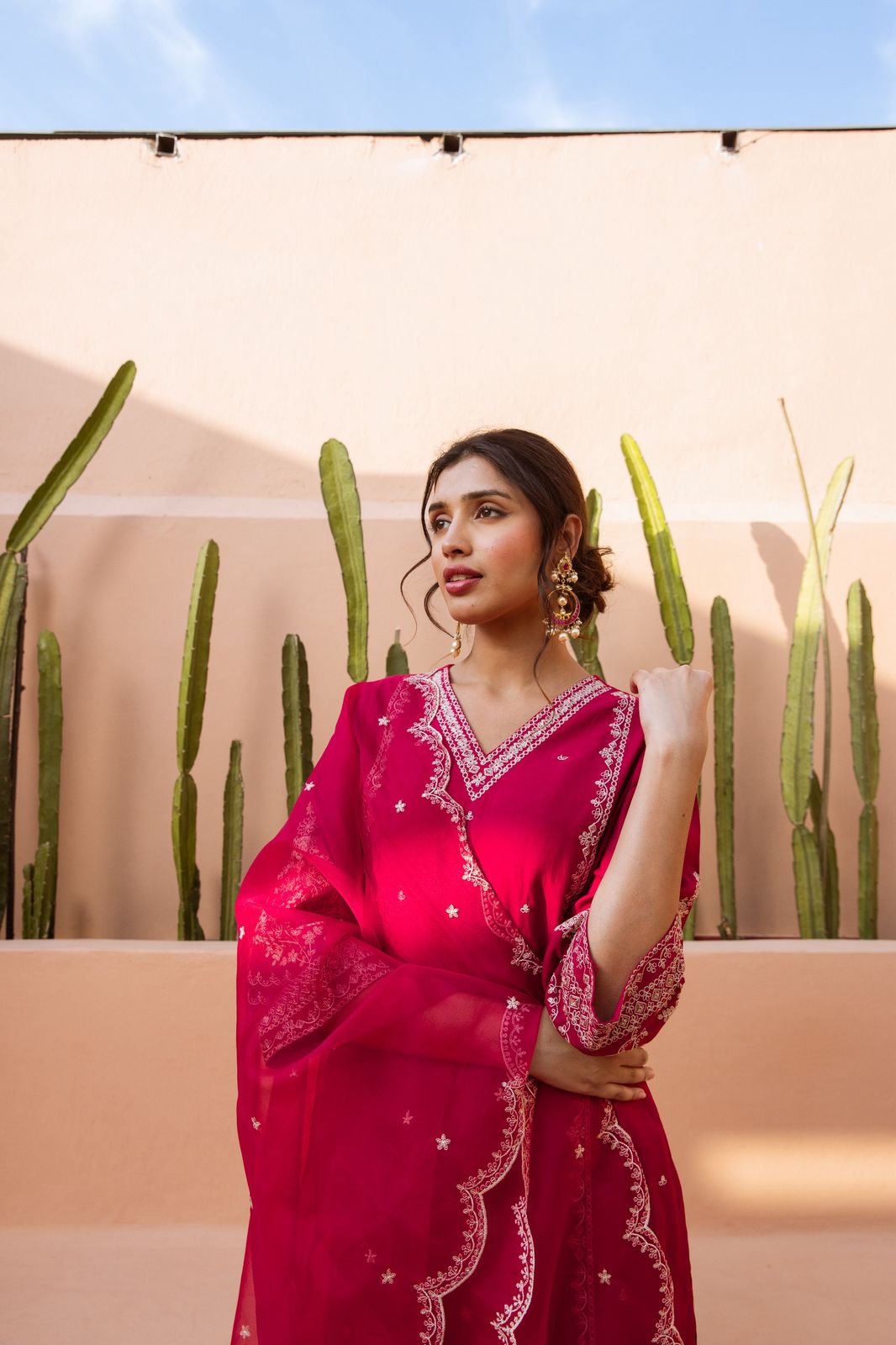 Beautiful modal muslin embroidered Plazo set paired with organza dupatta