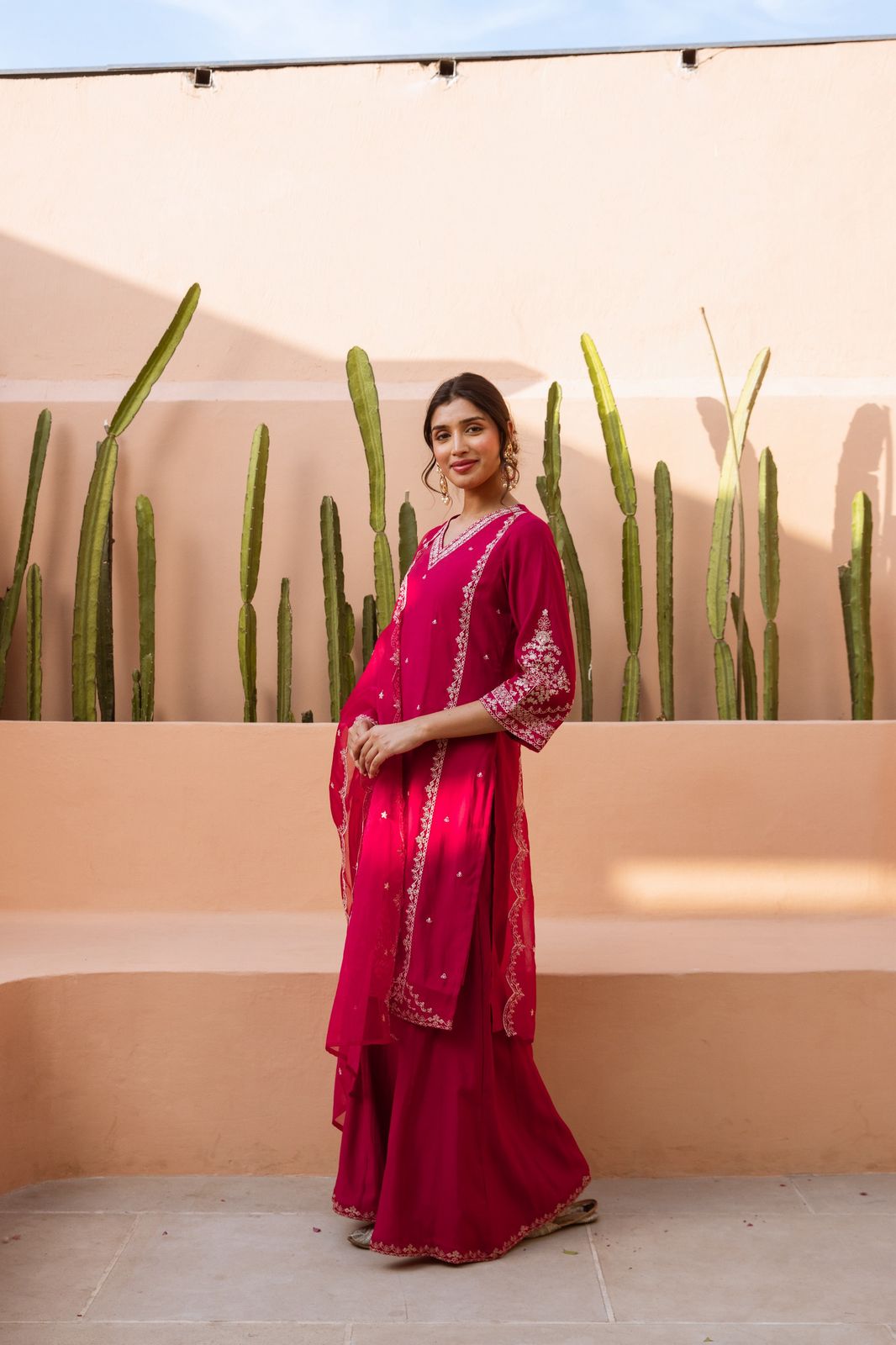 Beautiful modal muslin embroidered Plazo set paired with organza dupatta