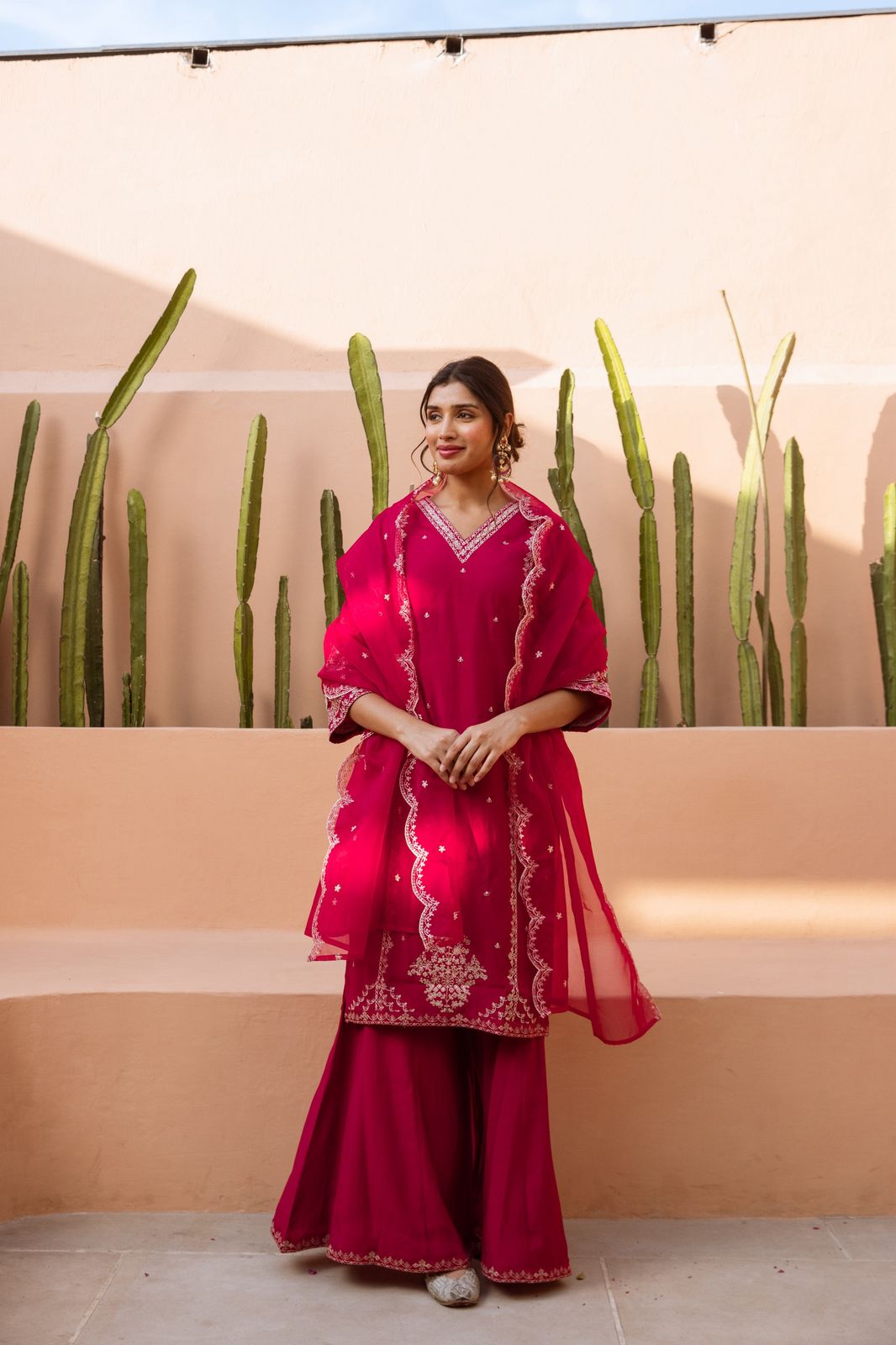 Beautiful modal muslin embroidered Plazo set paired with organza dupatta