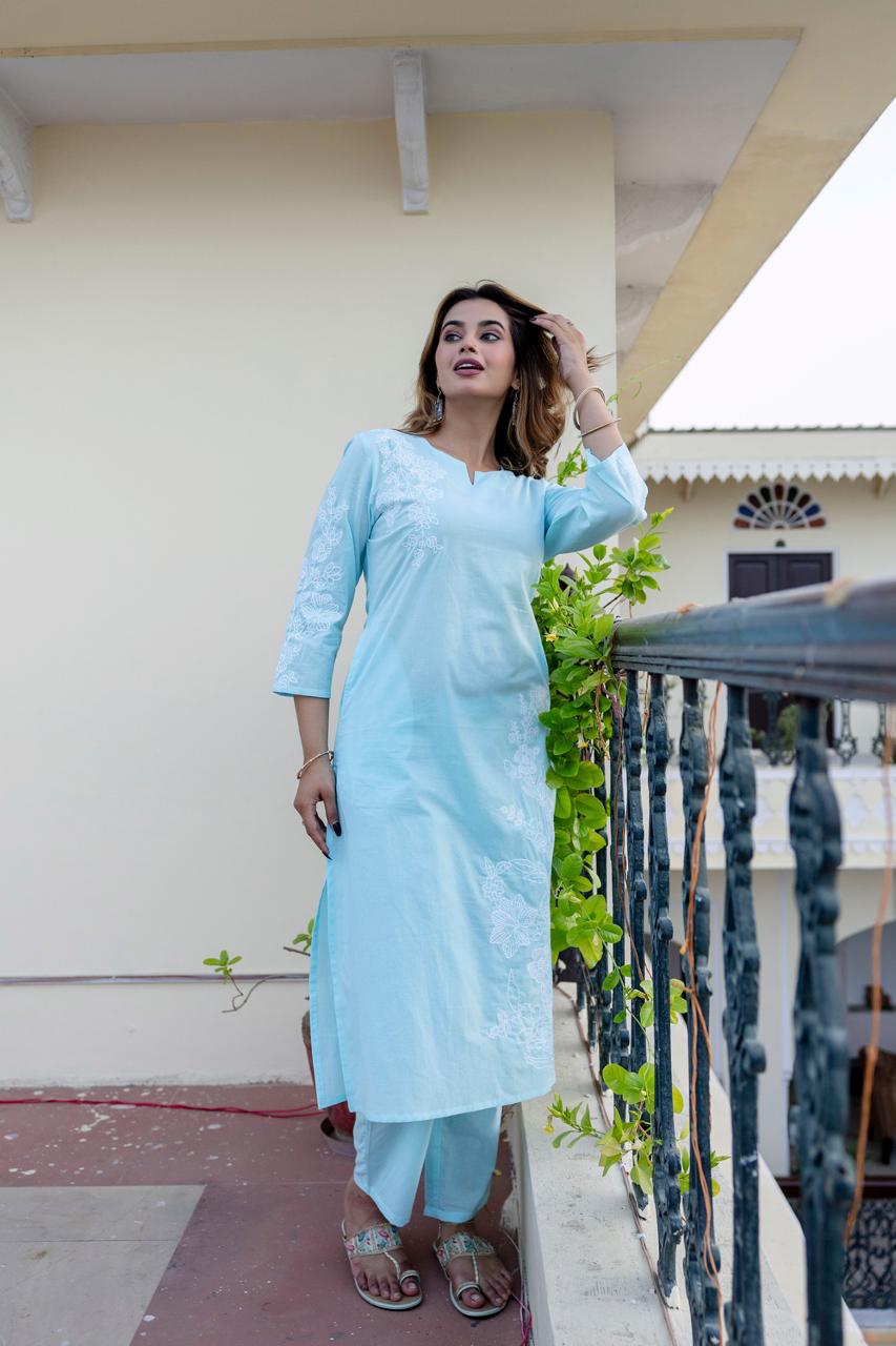 Pure cotton embroidered kurta pant in blue