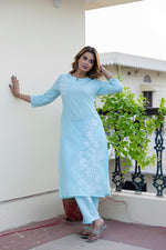 Pure cotton embroidered kurta pant in blue