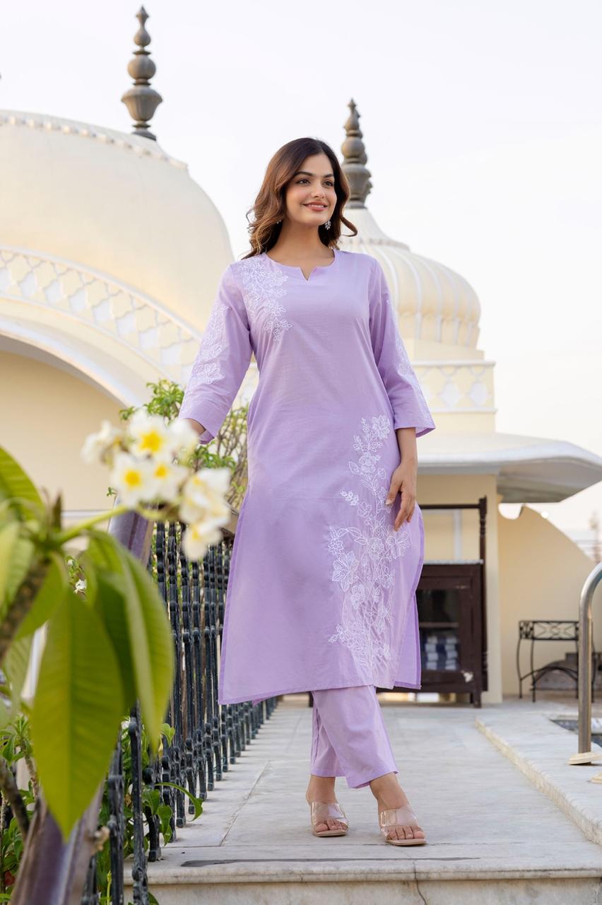 Pure cotton embroidered kurta pant in purple