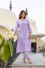 Pure cotton embroidered kurta pant in purple