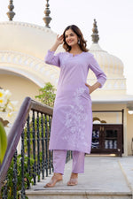 Pure cotton embroidered kurta pant in purple