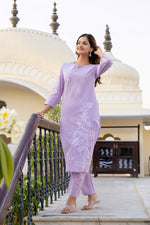 Pure cotton embroidered kurta pant in purple