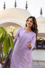 Pure cotton embroidered kurta pant in purple