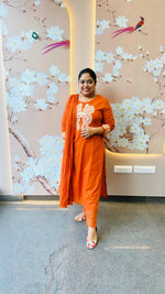 Beautiful cotton embroidered suit set in rust